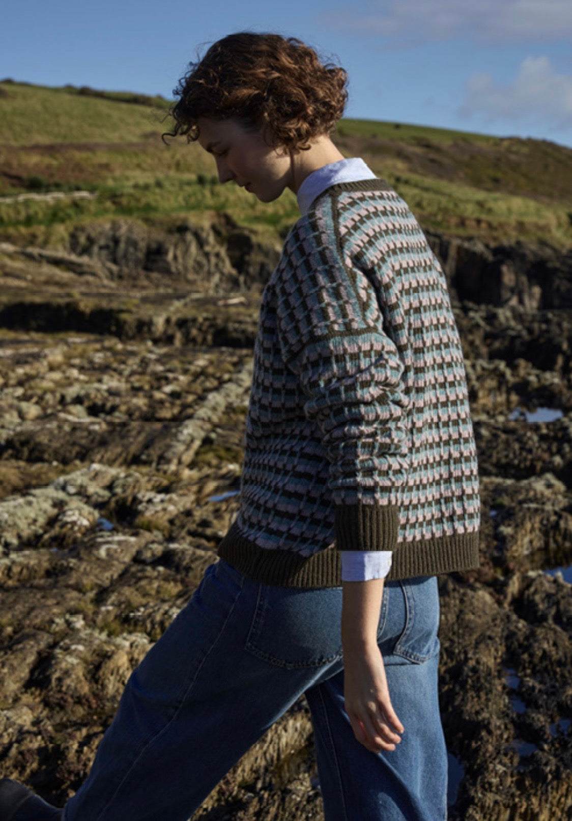 Fisherman out of Ireland Olive & Blush / Lilac Slouchy Lambswool Jumper