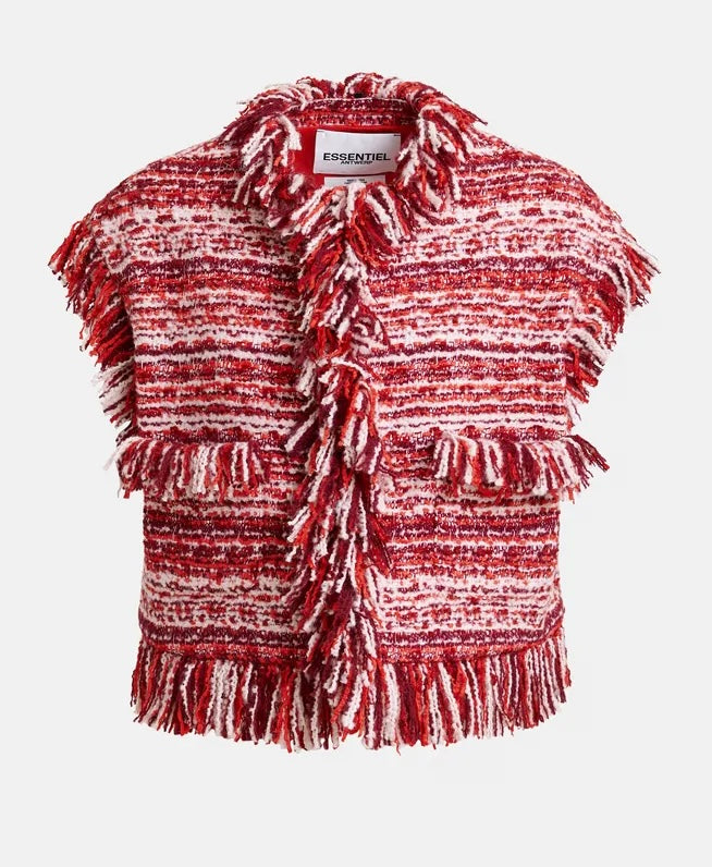 Essentiel Antwerp Burgandy / Red / White Fringed Boucle Gilet Jacket