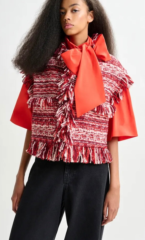 Essentiel Antwerp Burgandy / Red / White Fringed Boucle Gilet Jacket
