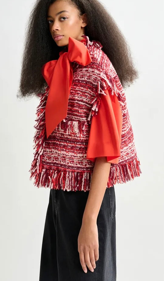 Essentiel Antwerp Burgandy / Red / White Fringed Boucle Gilet Jacket