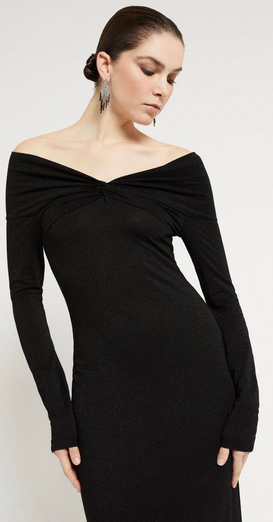 Ottod'Ame Black Lurex Off-Shoulder Long Dress