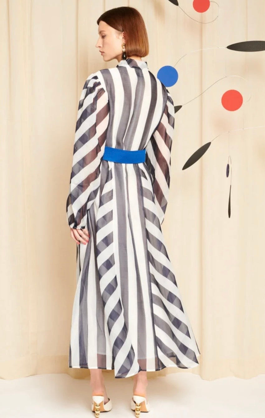 DREAM Sister Jane HORIZON Navy & White Stripe Organza Belted Pussybow Dress