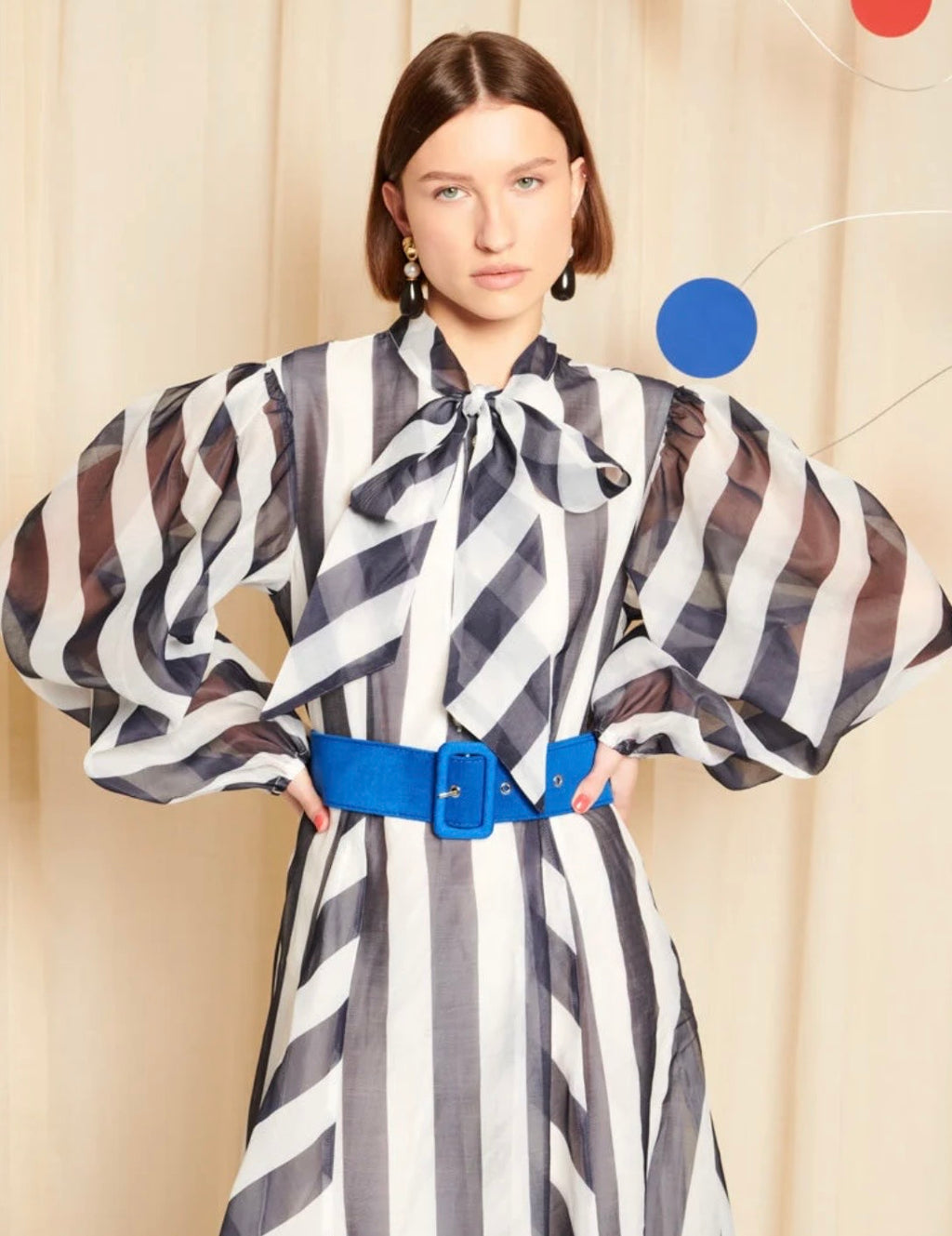 DREAM Sister Jane HORIZON Navy & White Stripe Organza Belted Pussybow Dress