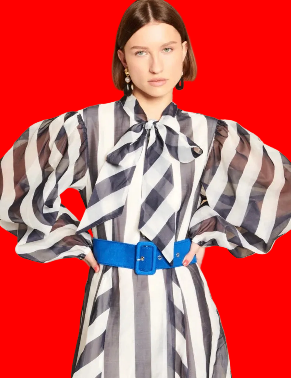 DREAM Sister Jane HORIZON Navy & White Stripe Organza Belted Pussybow Dress