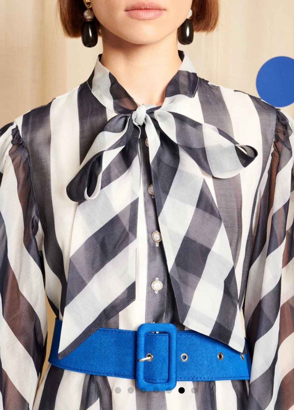 DREAM Sister Jane HORIZON Navy & White Stripe Organza Belted Pussybow Dress