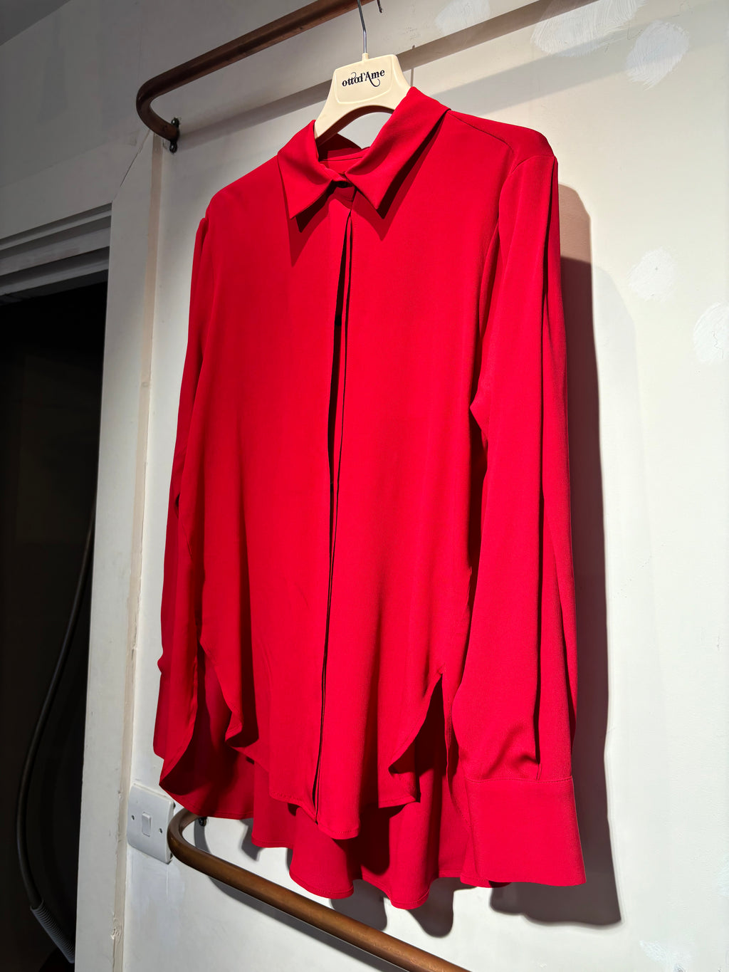 Beatrice B Red Silk Blouse with Pleated Sleeve