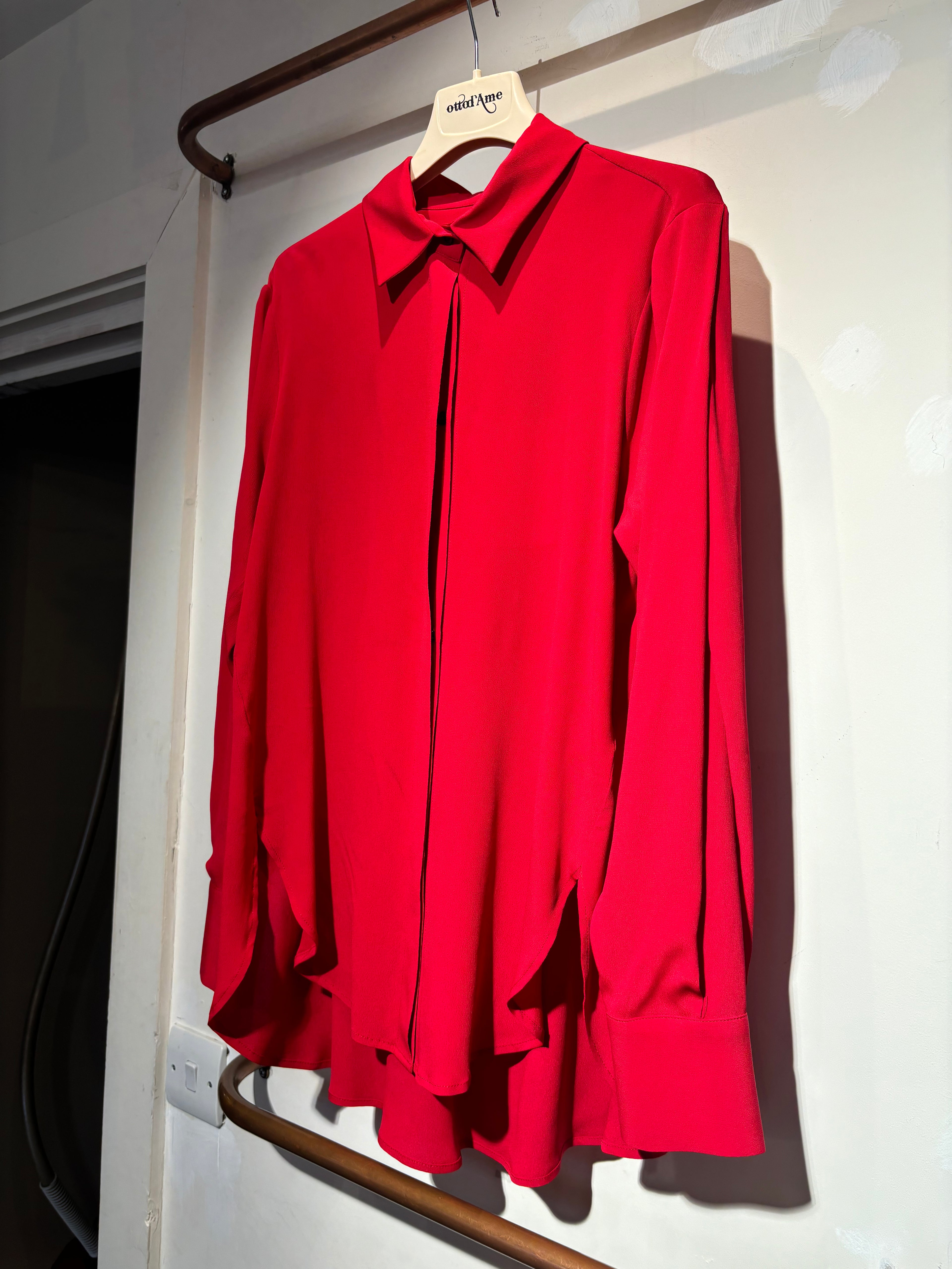 Beatrice B Red Silk Blouse with Pleated Sleeve