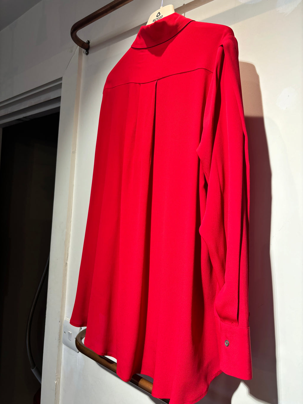 Beatrice B Red Silk Blouse with Pleated Sleeve