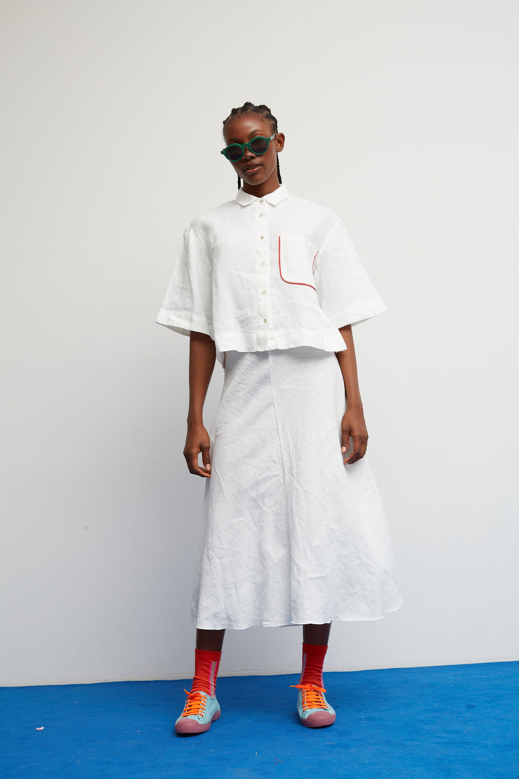 Dr. Bloom White Linen A-Line Skirt w Red Trim
