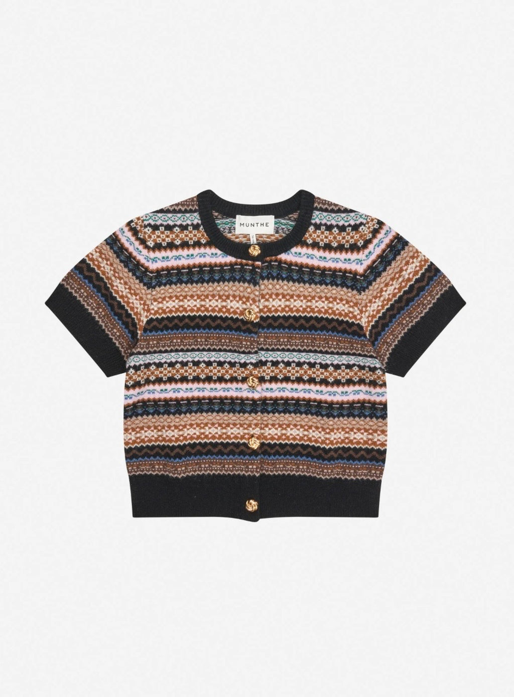 MUNTHE Red Grey Blue Short Sleeve Wool Blend Fair isle Cardigan