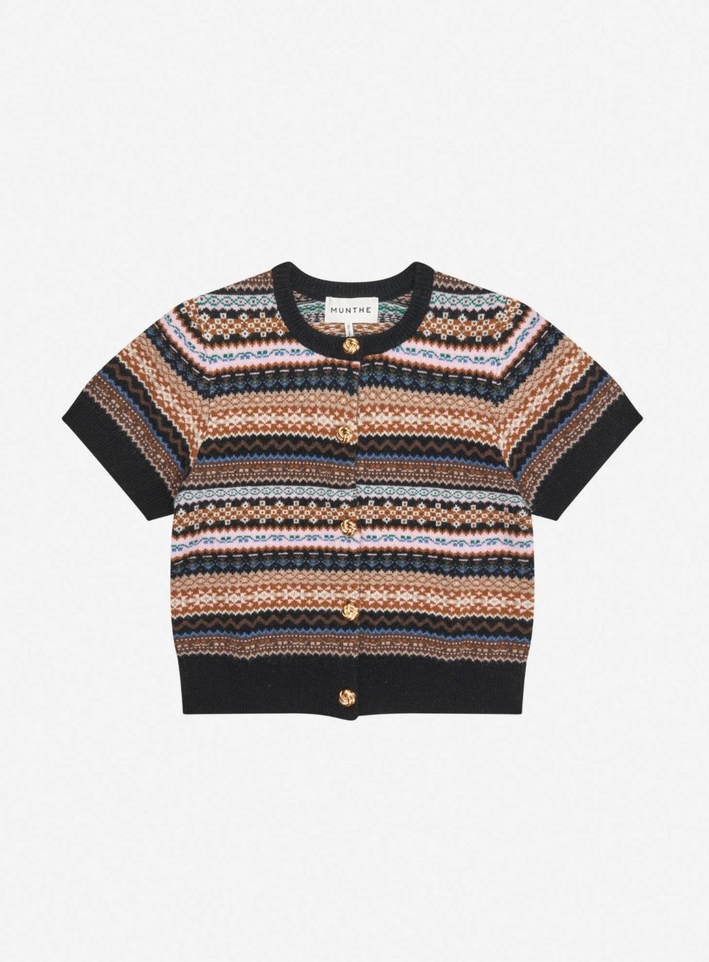 MUNTHE Red Grey Blue Short Sleeve Wool Blend Fair isle Cardigan