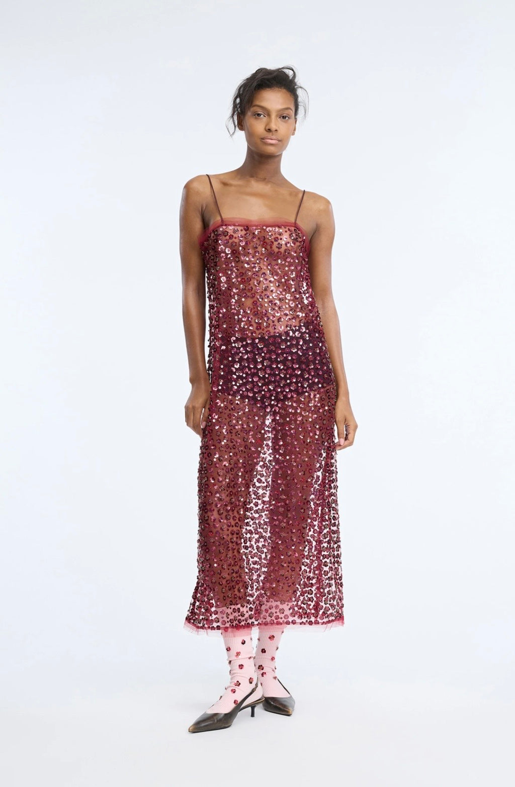 MUNTHE Red Floral Sequin Sheer Dress