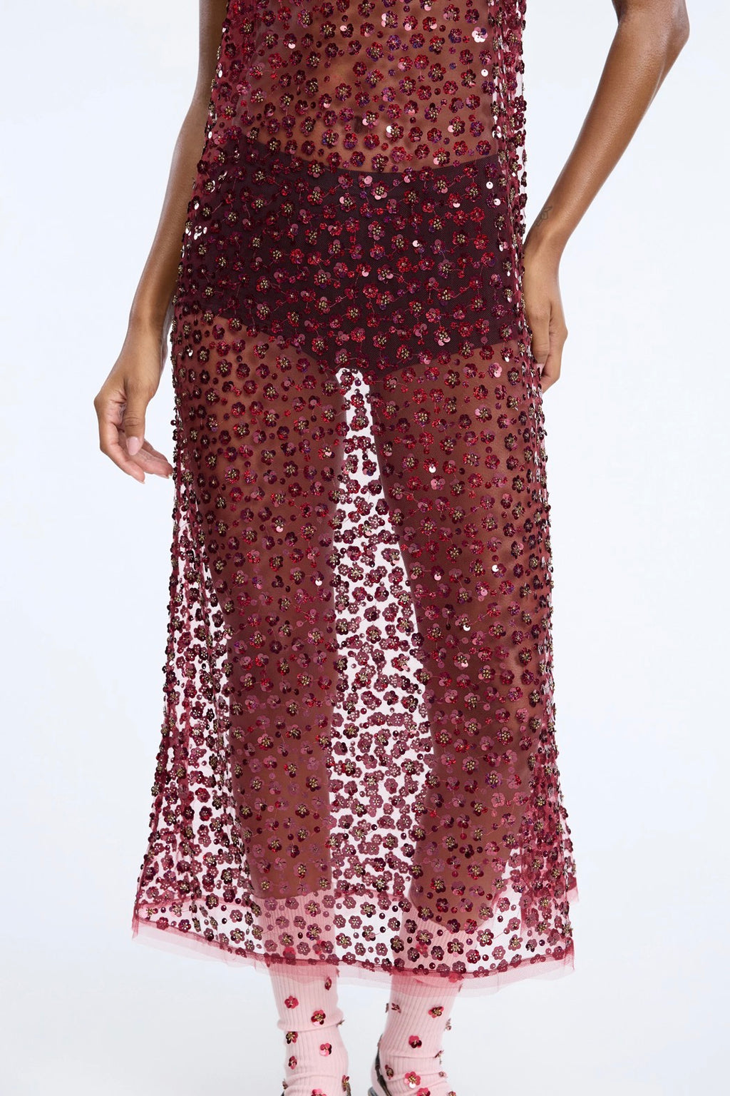 MUNTHE Red Floral Sequin Sheer Dress