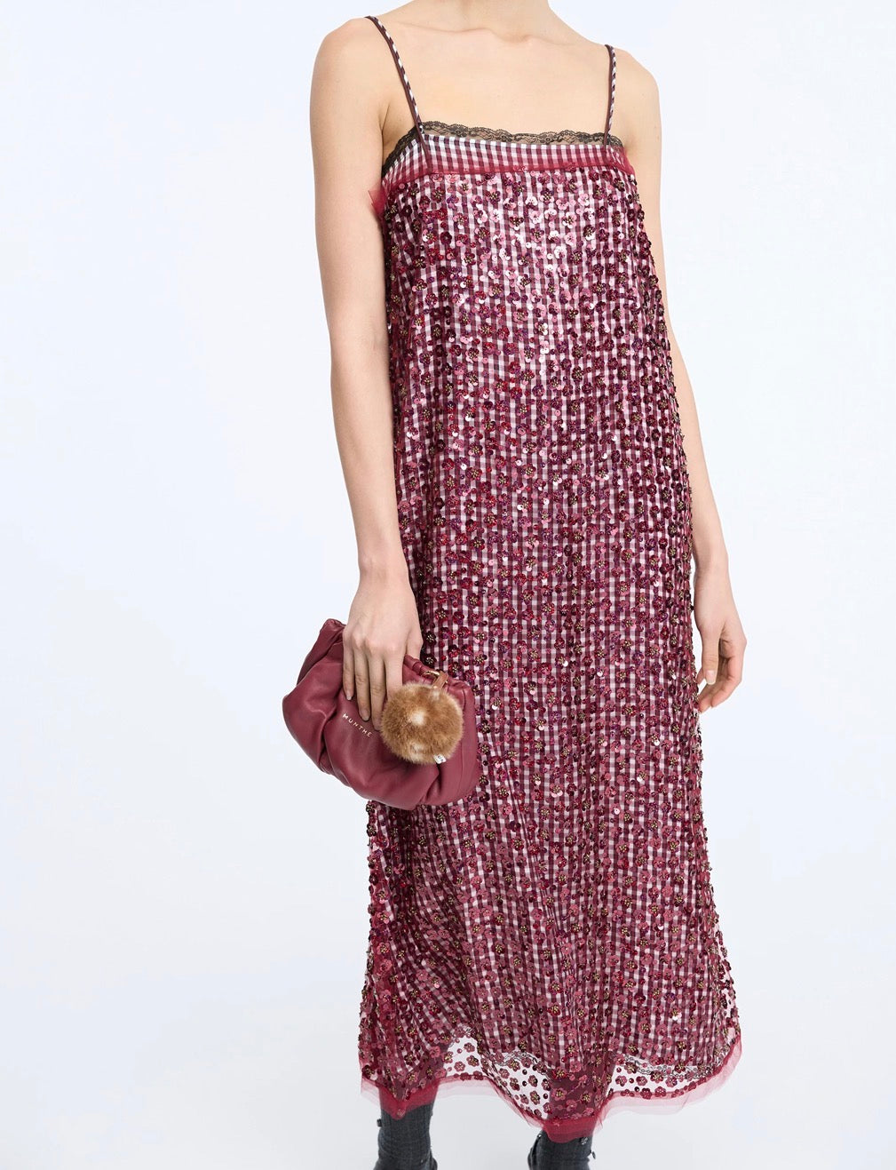 MUNTHE Red Floral Sequin Sheer Dress