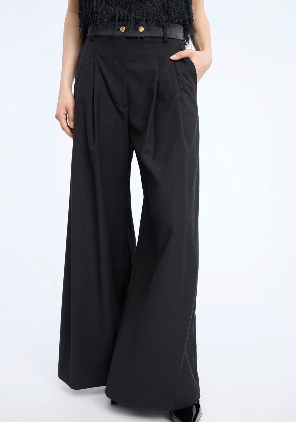 MUNTHE Black Wide Leg Tuxedo Style Trousers