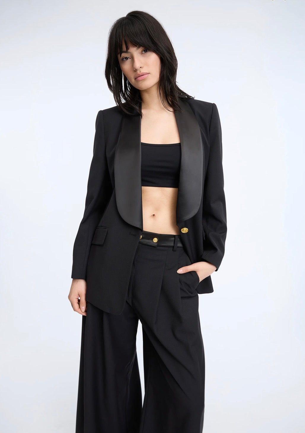 MUNTHE Black Wide Leg Tuxedo Style Trousers