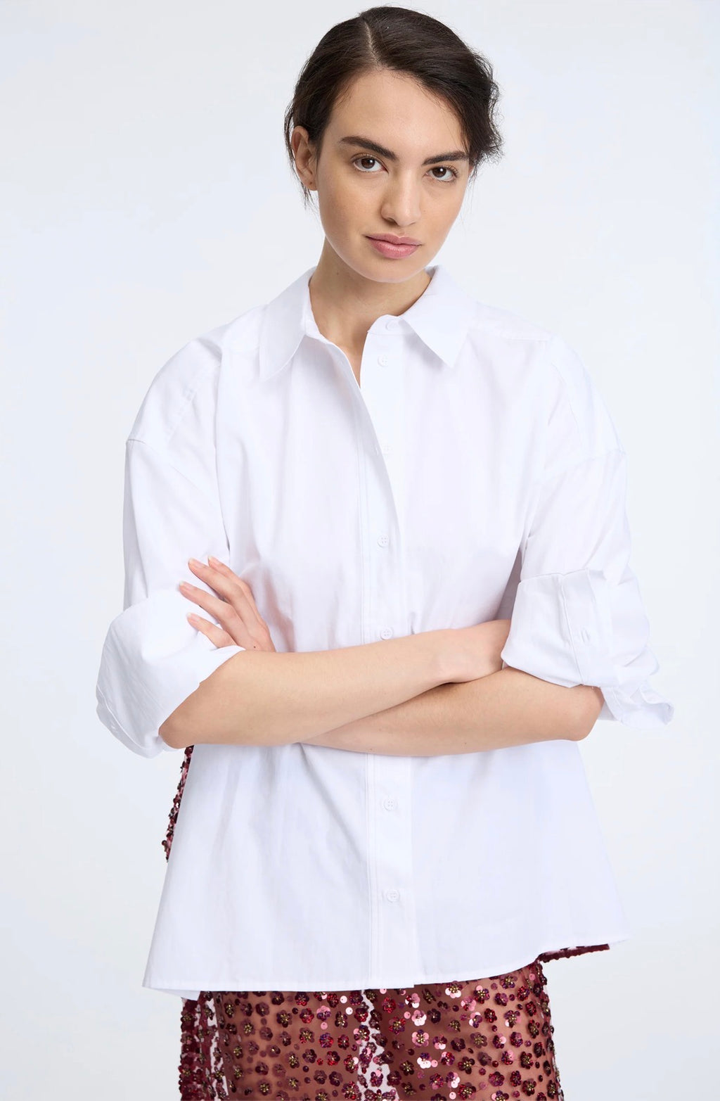 MUNTHE White Oversized Shirt with Red Sequin Back Panel