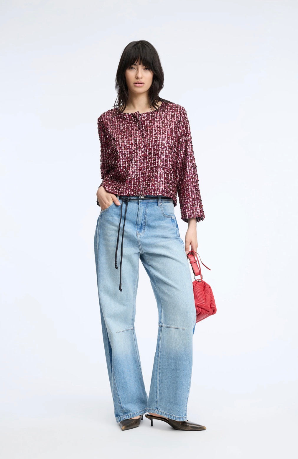 MUNTHE Red Check Jacket With Sequin Overlay