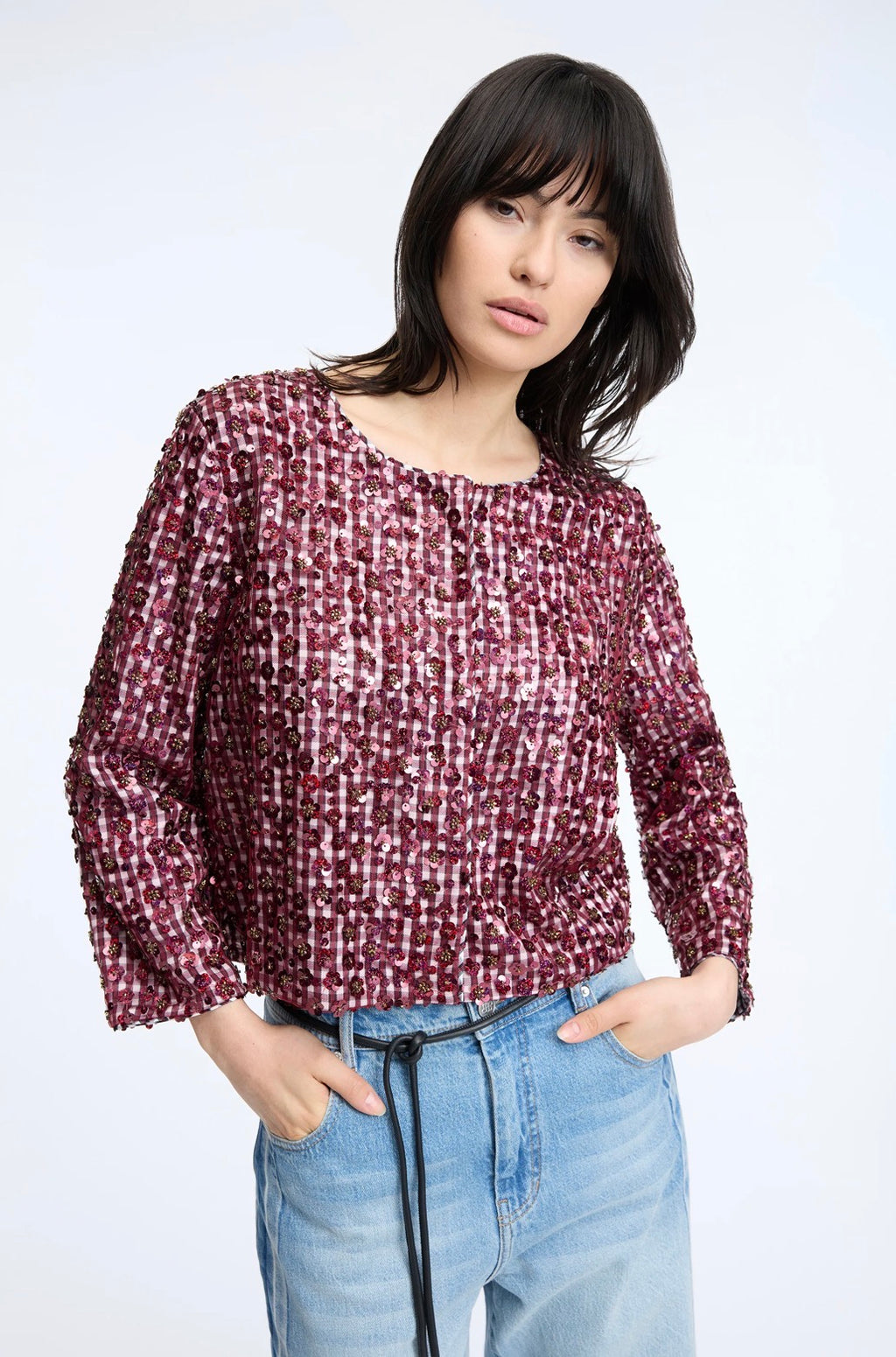 MUNTHE Red Check Jacket With Sequin Overlay