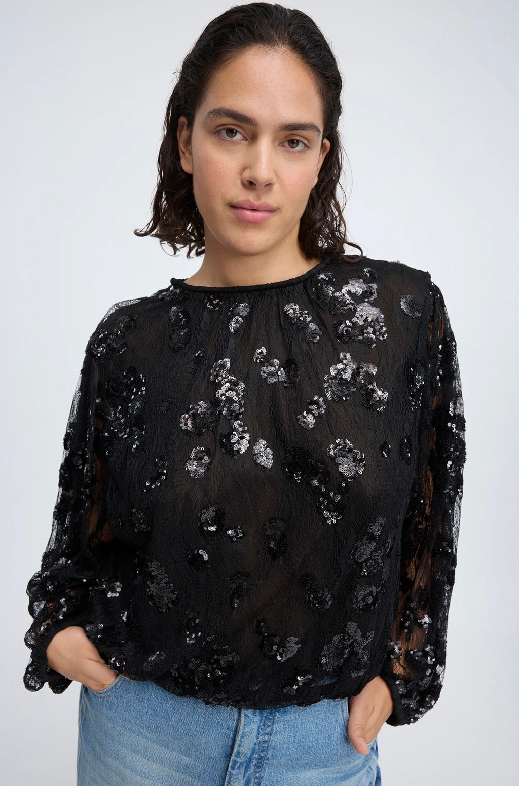 MUNTHE Sheer Black Sequin Blouse