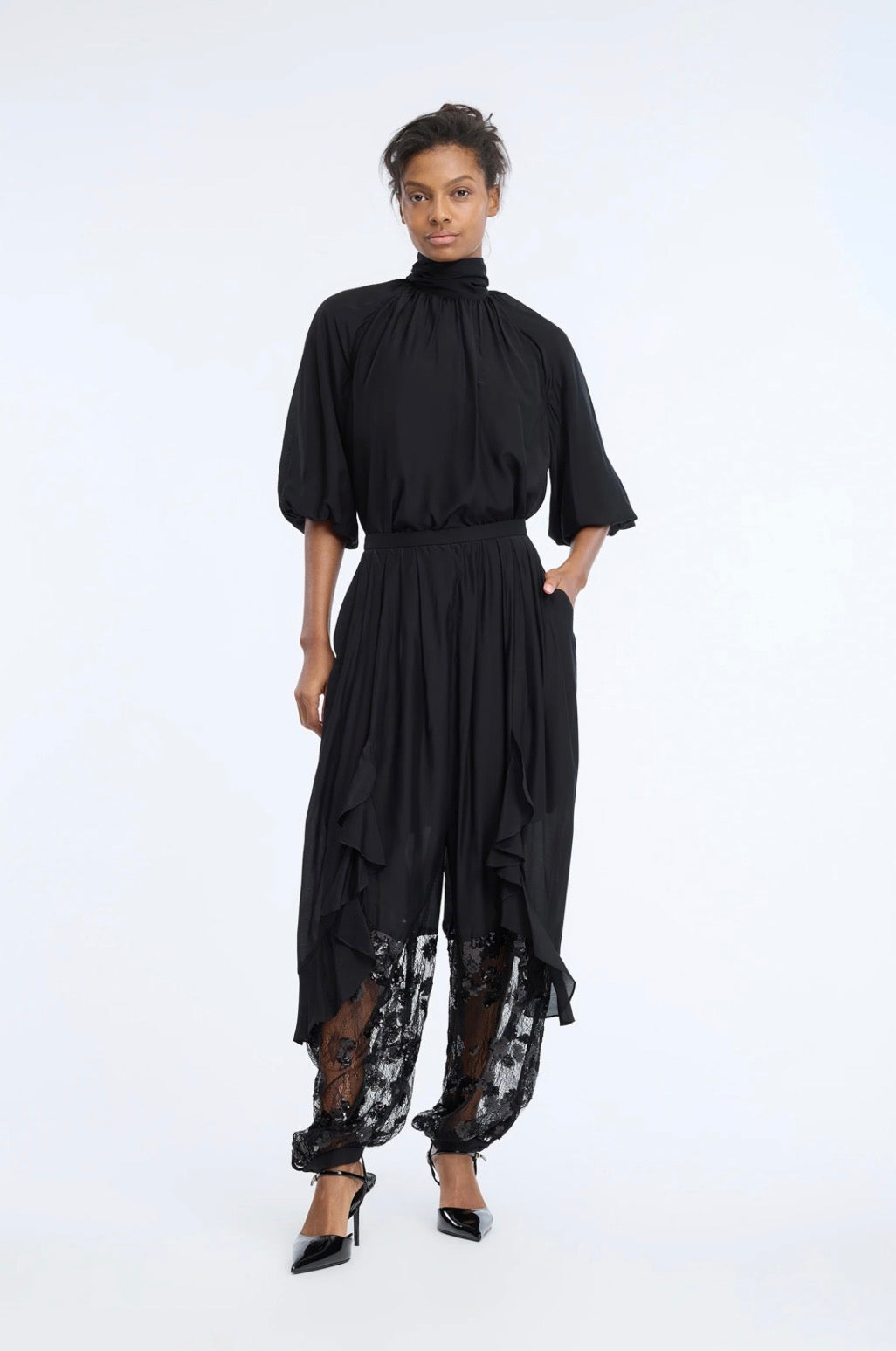 MUNTHE Black Trousers with Ruffle Lace & Sequins