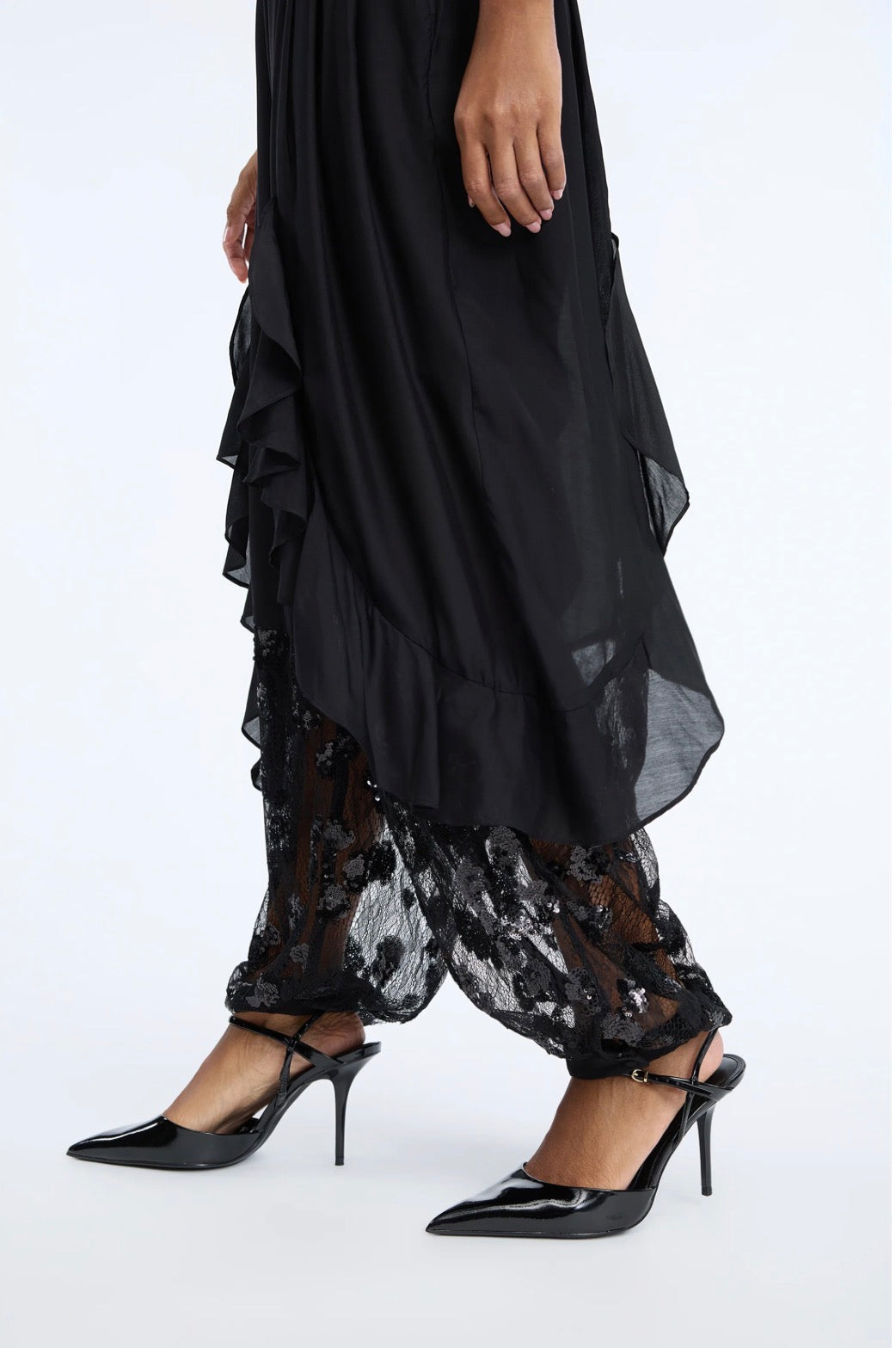 MUNTHE Black Trousers with Ruffle Lace & Sequins