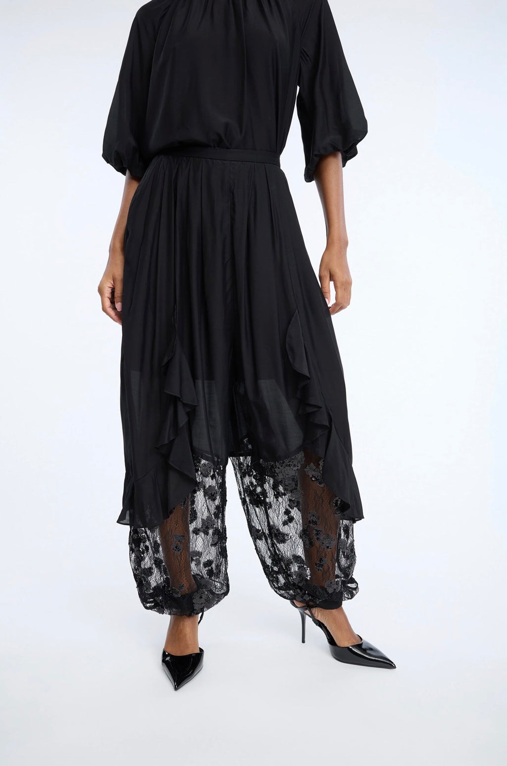 MUNTHE Black Trousers with Ruffle Lace & Sequins