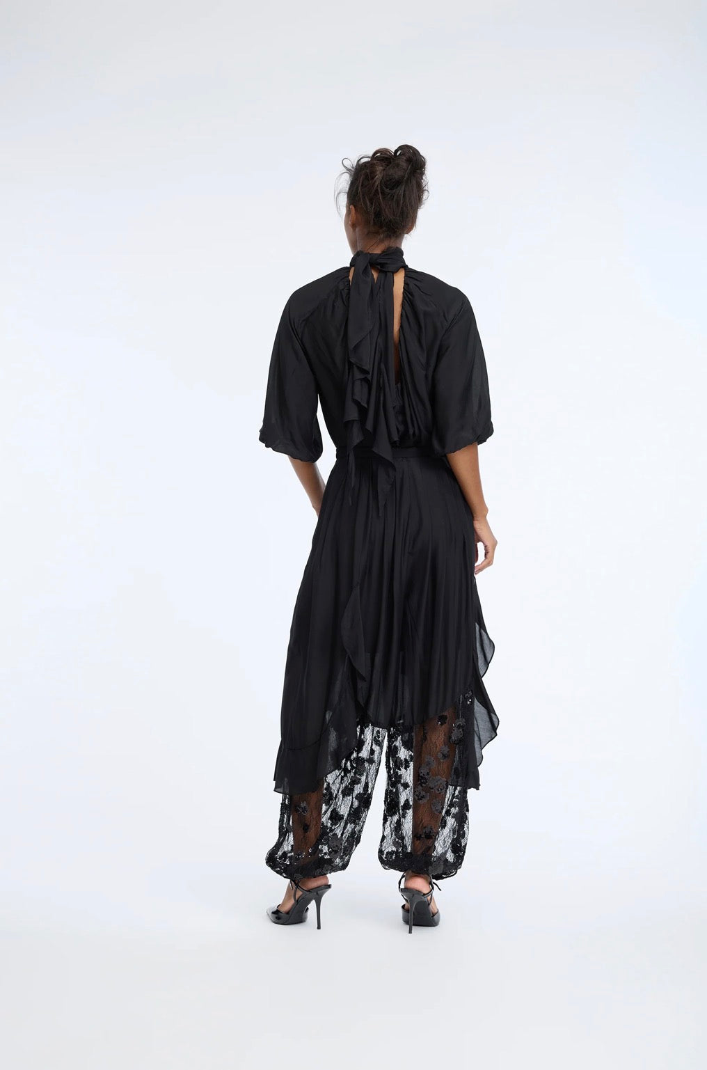 MUNTHE Black Trousers with Ruffle Lace & Sequins