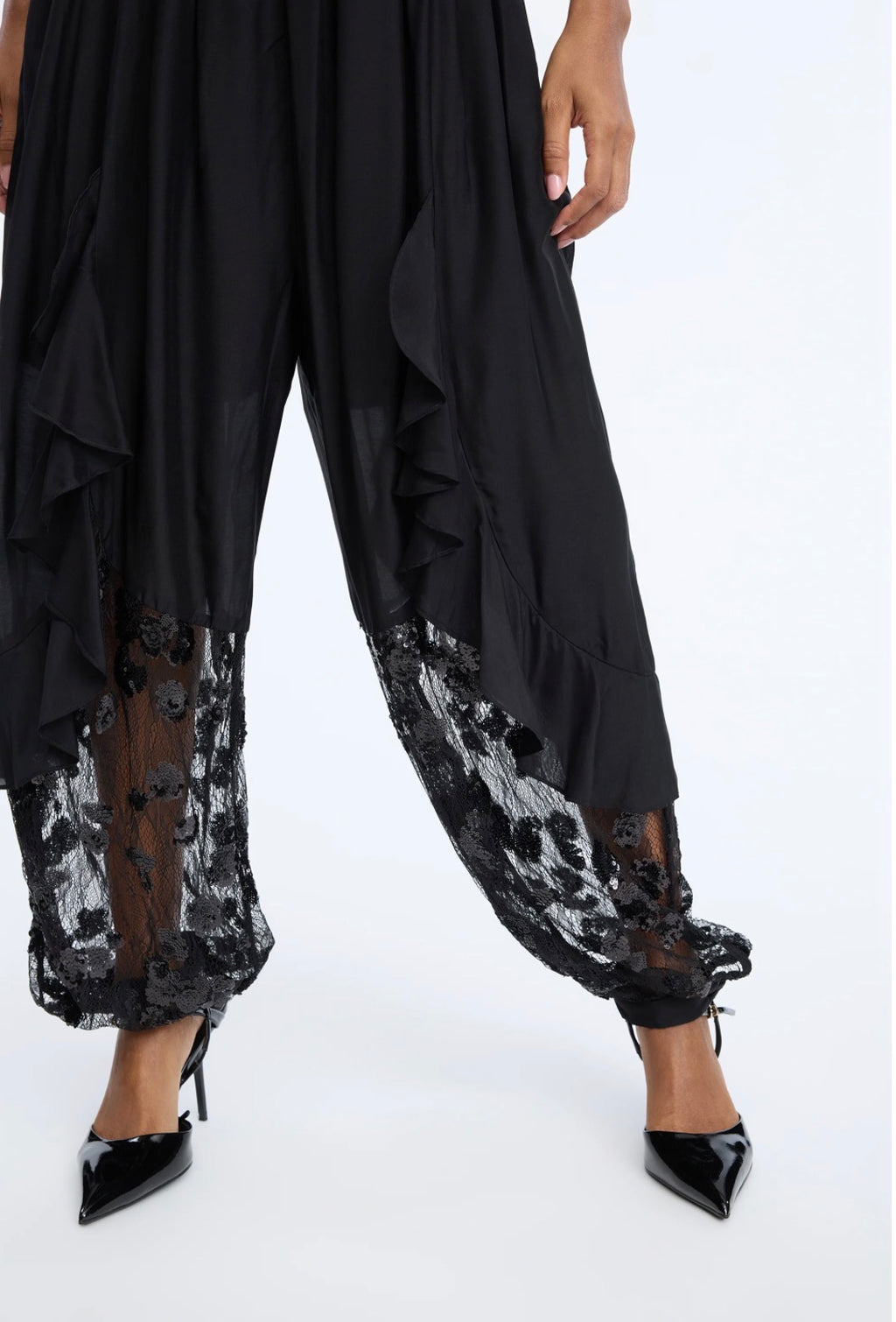 MUNTHE Black Trousers with Ruffle Lace & Sequins
