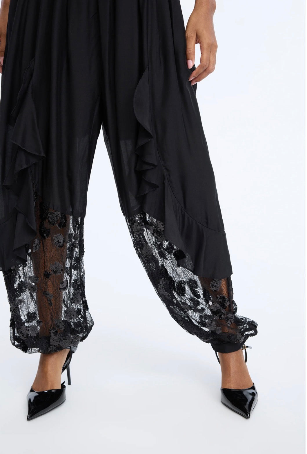 MUNTHE Black Trousers with Ruffle Lace & Sequins