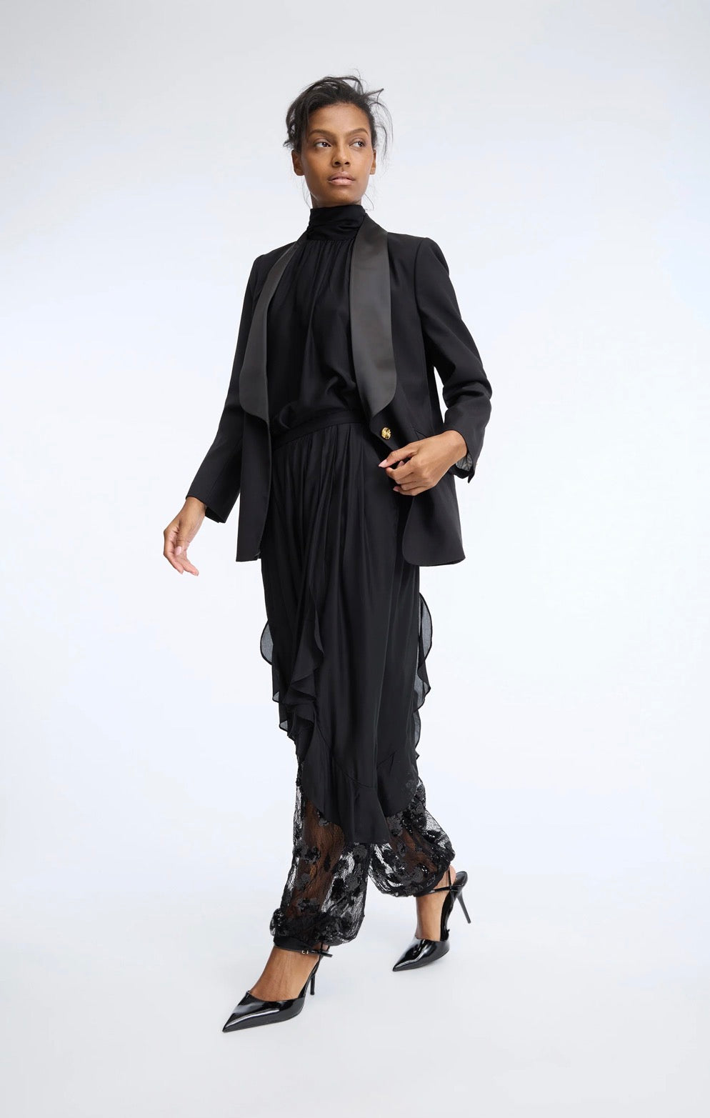 MUNTHE Black Trousers with Ruffle Lace & Sequins