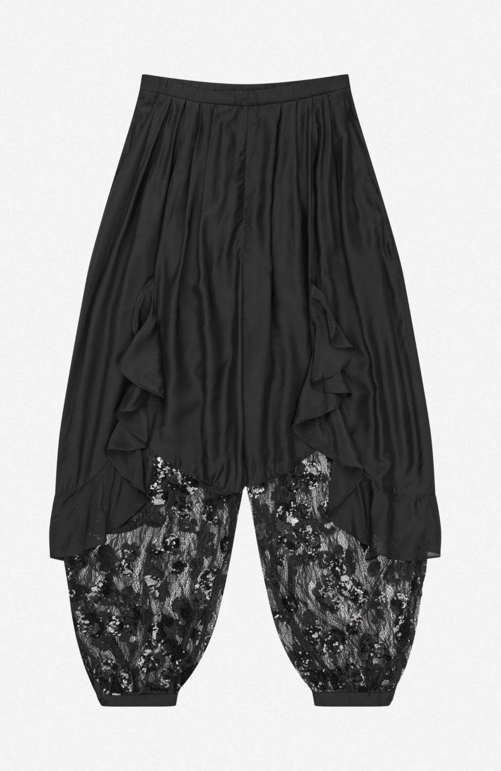 MUNTHE Black Trousers with Ruffle Lace & Sequins