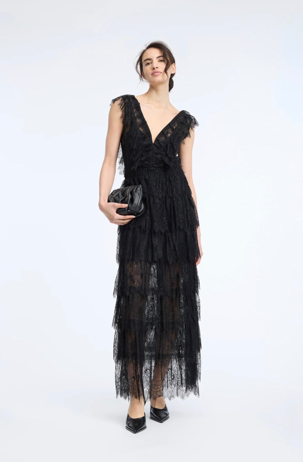MUNTHE Black Lace Tulle V-Neck Long Dress