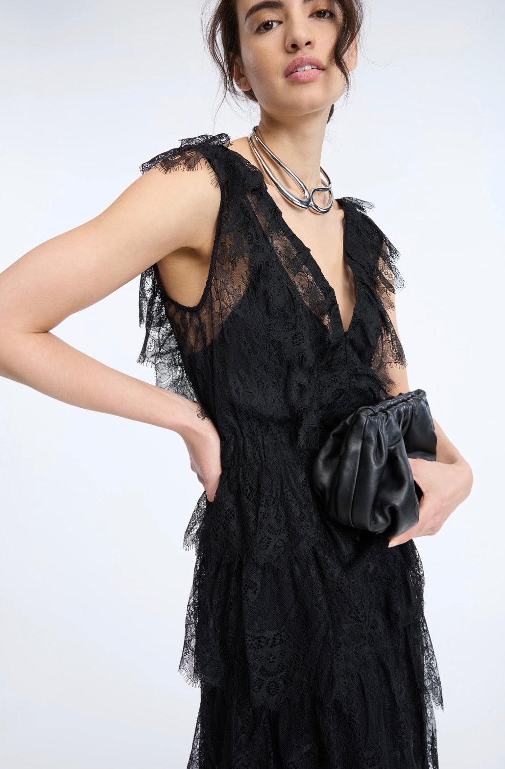 MUNTHE Black Lace Tulle V-Neck Long Dress