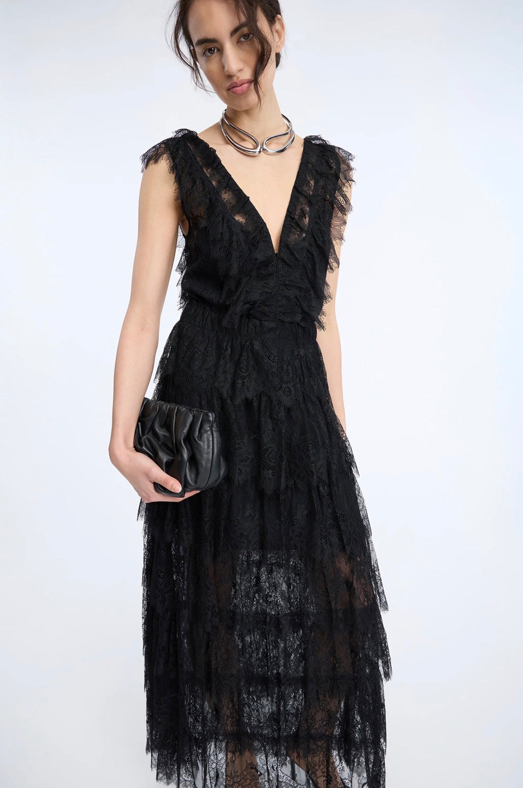 MUNTHE Black Lace Tulle V-Neck Long Dress