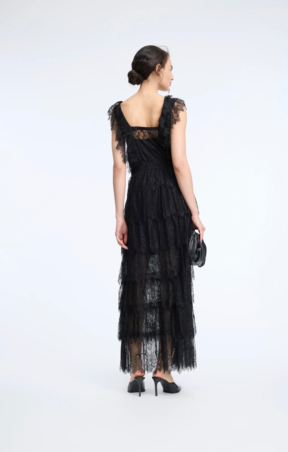 MUNTHE Black Lace Tulle V-Neck Long Dress
