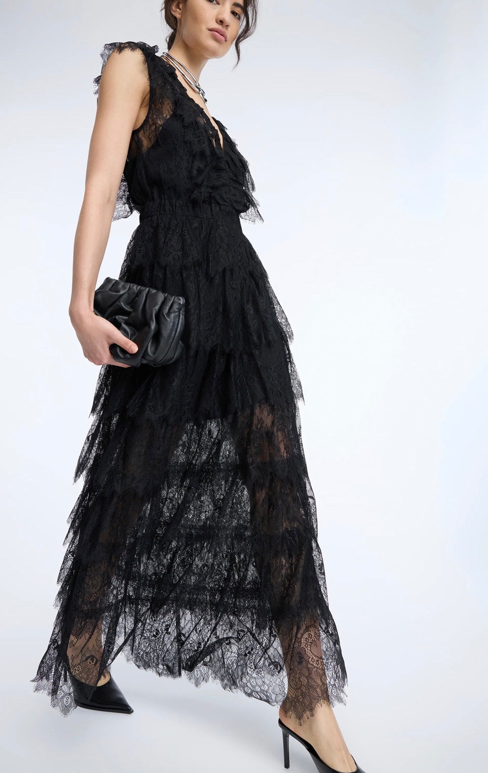MUNTHE Black Lace Tulle V-Neck Long Dress