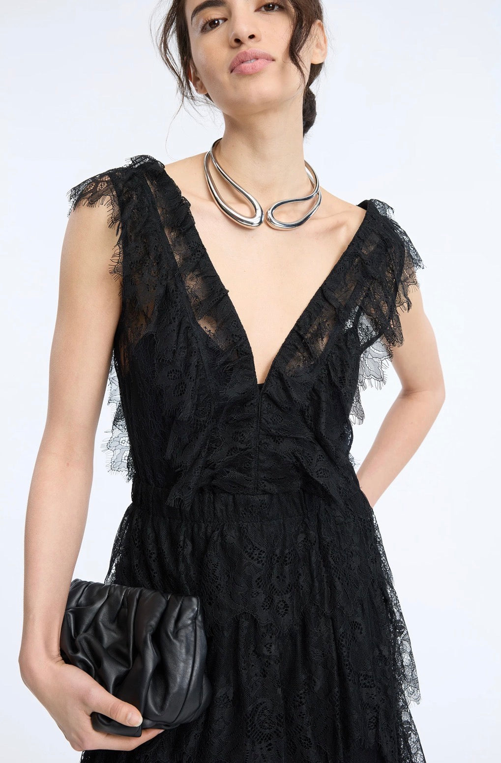 MUNTHE Black Lace Tulle V-Neck Long Dress