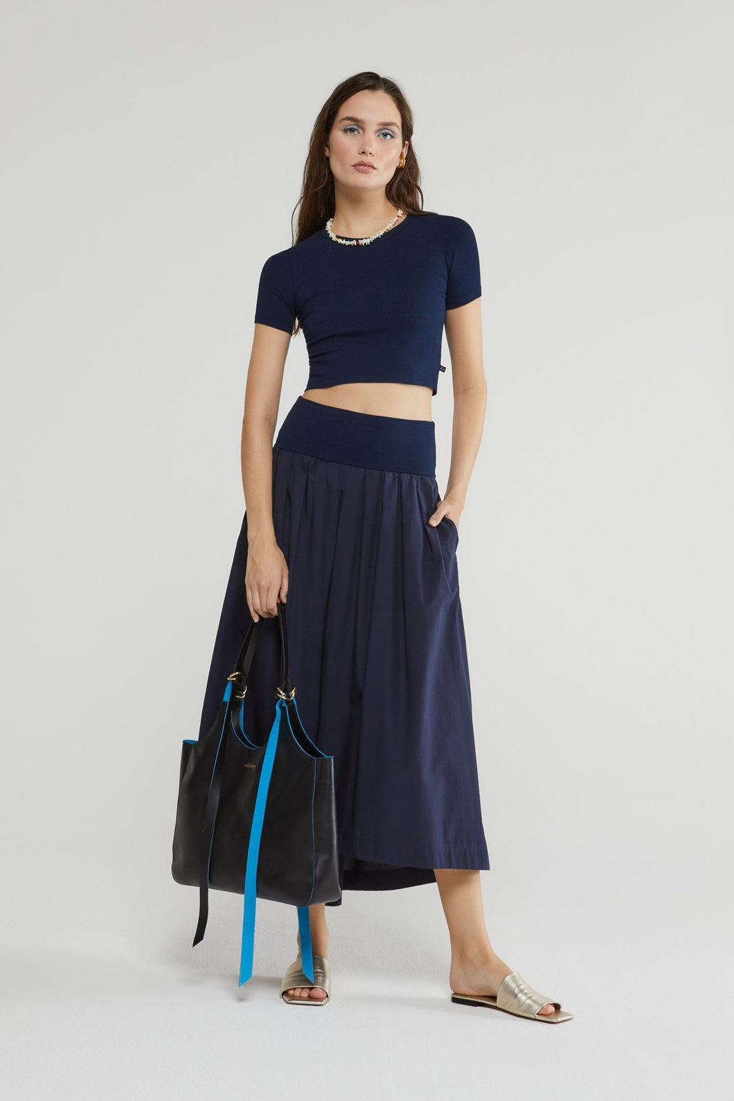 Ottod'Ame Navy Poplin Long Skirt