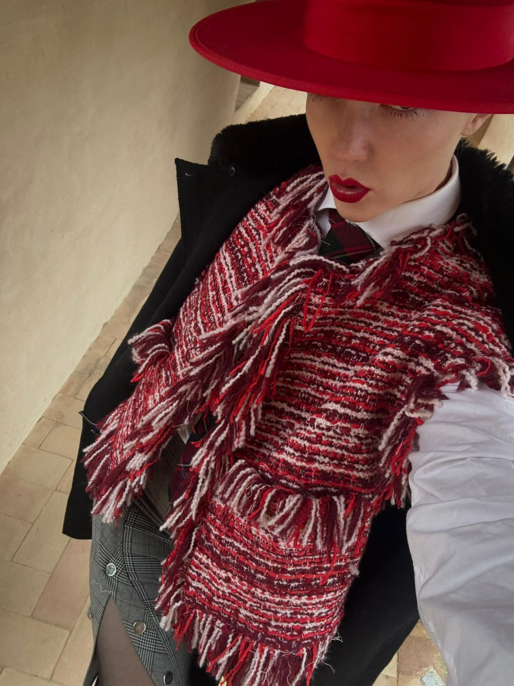 Essentiel Antwerp Burgandy / Red / White Fringed Boucle Gilet Jacket