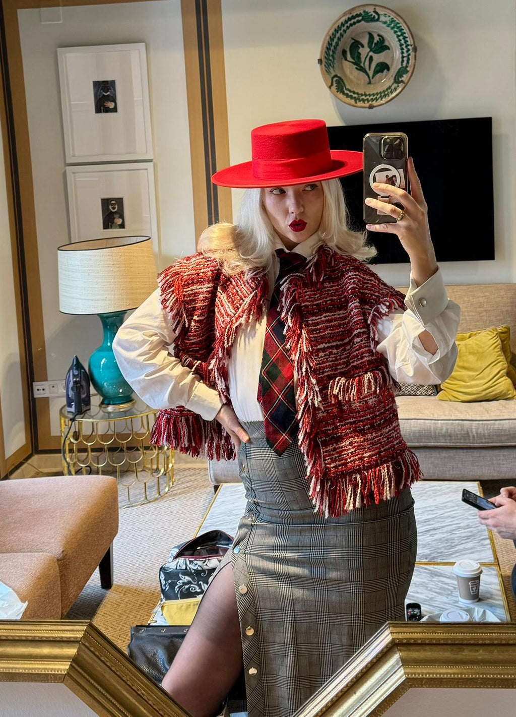 Essentiel Antwerp Burgandy / Red / White Fringed Boucle Gilet Jacket