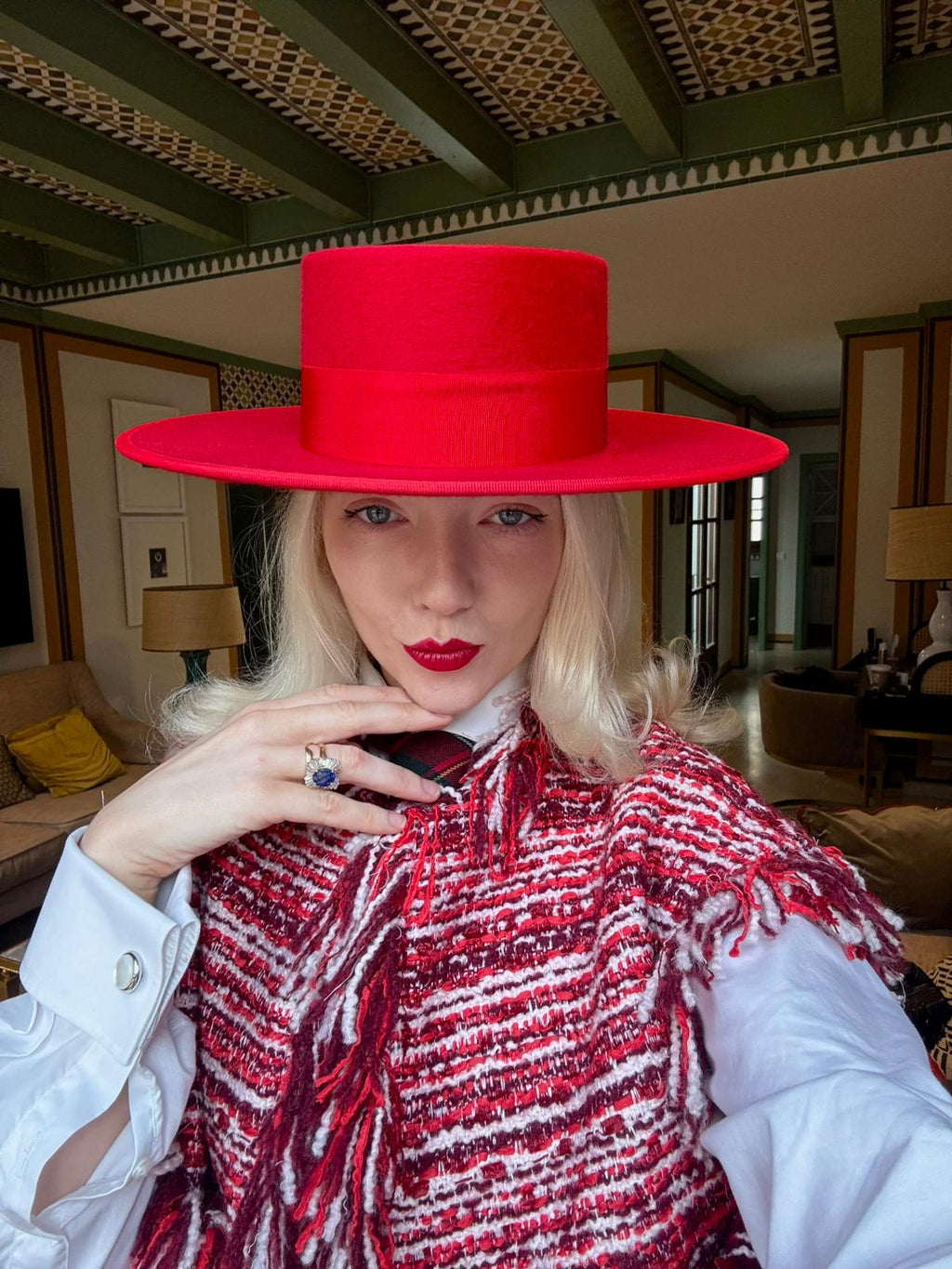 Essentiel Antwerp Burgandy / Red / White Fringed Boucle Gilet Jacket