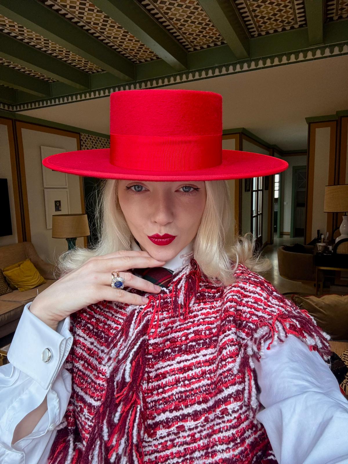 Essentiel Antwerp Burgandy / Red / White Fringed Boucle Gilet Jacket