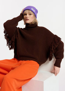 Essentiel Antwerp Dark Brown Fringed Knit Sweater