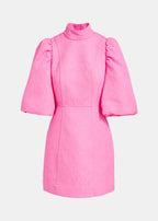 Essentiel Antwerp Bright Pink Jacquard Mini Dress with Puffed Sleeves