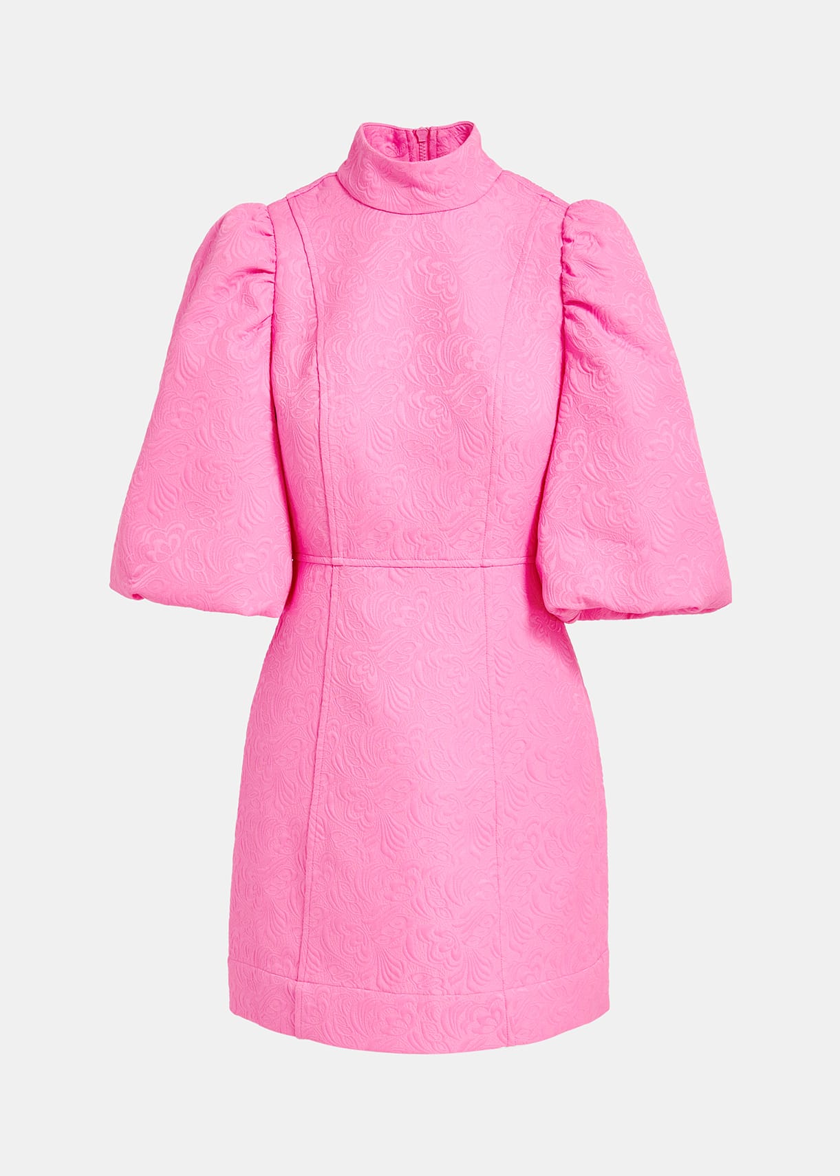 Essentiel Antwerp Bright Pink Jacquard Mini Dress with Puffed Sleeves