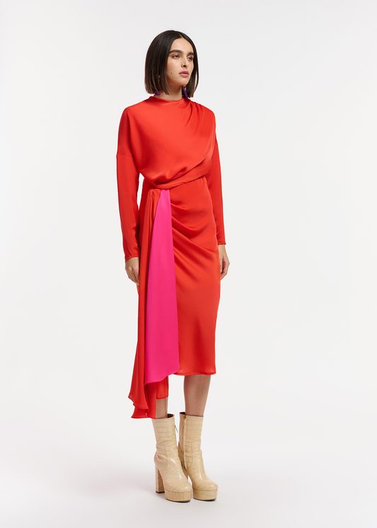 Essentiel Antwerp Red and Orange Draped Midi Dress