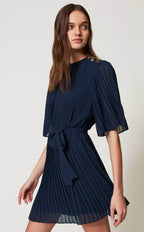 Twinset Milano Navy Pleated Georgette Short Dress