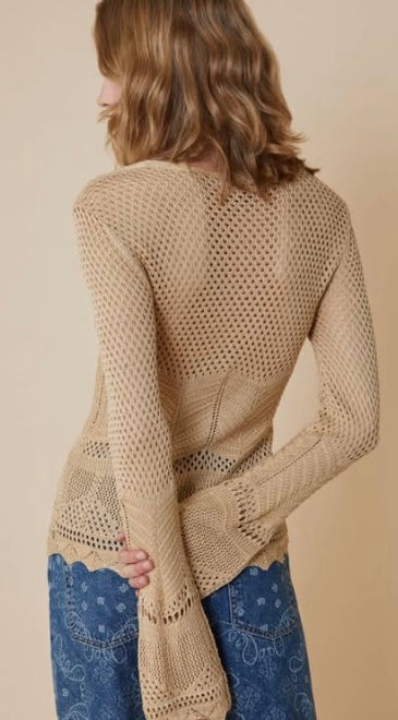 PennyBlack Gold Silk Crochet V-Neck Knit