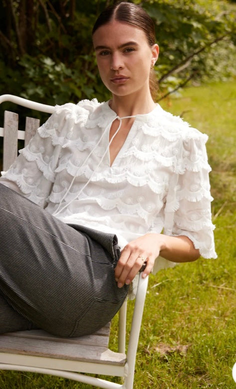 RDF White Elbow length Blouse -Top with Tassle details